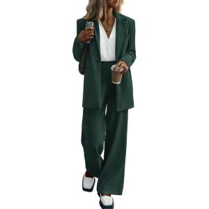 PRETTYGARDEN Women’s Fall Two Piece Outfits Dressy Blazer Jacket and Wide Leg Pants Pockets Business Casual Office Suit Sets(Dark Green)