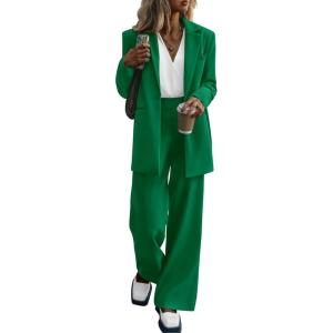 PRETTYGARDEN Women’s Fall Two Piece Outfits Dressy Blazer Jacket and Wide Leg Pants Pockets Business Casual Office Suit Sets(Green)