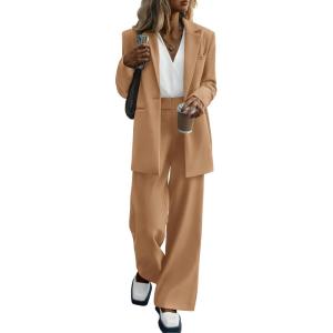 PRETTYGARDEN Women’s Fall Two Piece Outfits Dressy Blazer Jacket and Wide Leg Pants Pockets Business Casual Office Suit Sets(Khaki)