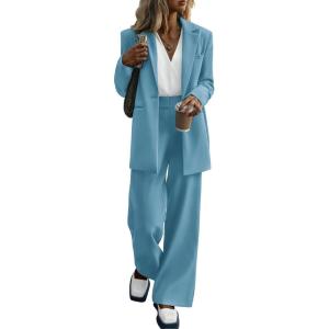 PRETTYGARDEN Women’s Fall Two Piece Outfits Dressy Blazer Jacket and Wide Leg Pants Pockets Business Casual Office Suit Sets(Lake Blue)