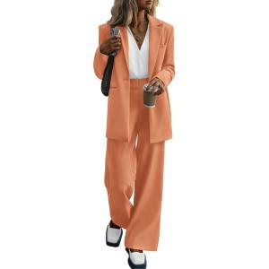 PRETTYGARDEN Women’s Fall Two Piece Outfits Dressy Blazer Jacket and Wide Leg Pants Pockets Business Casual Office Suit Sets(Orange)