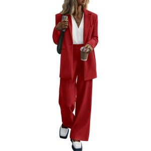 PRETTYGARDEN Women’s Fall Two Piece Outfits Dressy Blazer Jacket and Wide Leg Pants Pockets Business Casual Office Suit Sets(Red)