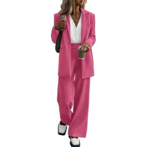 PRETTYGARDEN Women’s Fall Two Piece Outfits Dressy Blazer Jacket and Wide Leg Pants Pockets Business Casual Office Suit Sets(Rose Red)
