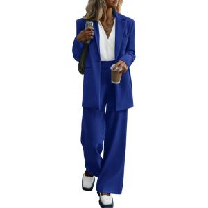 PRETTYGARDEN Women’s Fall Two Piece Outfits Dressy Blazer Jacket and Wide Leg Pants Pockets Business Casual Office Suit Sets(Royal Blue)