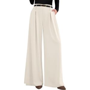 PRETTYGARDEN Womens Fall Wide Leg Trousers 2026 High Elastic Waist Loose Pleated Long Flowy Palazzo Work Pants with Pockets(Beige)