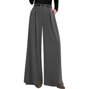 PRETTYGARDEN Womens Fall Wide Leg Trousers 2026 High Elastic Waist Loose Pleated Long Flowy Palazzo Work Pants with Pockets(Grey)