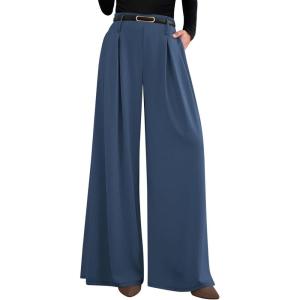 PRETTYGARDEN Womens Fall Wide Leg Trousers 2026 High Elastic Waist Loose Pleated Long Flowy Palazzo Work Pants with Pockets(Grey Blue)