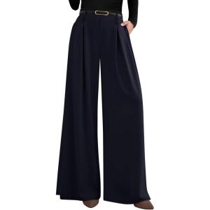 PRETTYGARDEN Womens Fall Wide Leg Trousers 2026 High Elastic Waist Loose Pleated Long Flowy Palazzo Work Pants with Pockets(Navy)