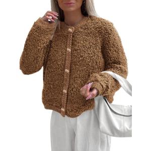 PRETTYGARDEN Women’s Faux Fur Coat 2026 Fall Fuzzy Fleece Button up Shearling Cropped Jackets Winter Trendy Outerwear(Brown)