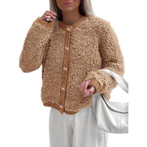 PRETTYGARDEN Women’s Faux Fur Coat 2026 Fall Fuzzy Fleece Button up Shearling Cropped Jackets Winter Trendy Outerwear(Camel)