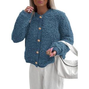 PRETTYGARDEN Women’s Faux Fur Coat 2026 Fall Fuzzy Fleece Button up Shearling Cropped Jackets Winter Trendy Outerwear(Denim Blue)