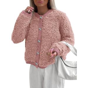 PRETTYGARDEN Women’s Faux Fur Coat 2026 Fall Fuzzy Fleece Button up Shearling Cropped Jackets Winter Trendy Outerwear(Pink)