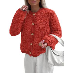 PRETTYGARDEN Women’s Faux Fur Coat 2026 Fall Fuzzy Fleece Button up Shearling Cropped Jackets Winter Trendy Outerwear(Red)