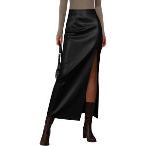 PRETTYGARDEN Womens Faux Leather Skirts 2025 Fall Fashion Bodycon High Waisted Slit Work Office Winter Maxi Long Pencil Skirt(Black)