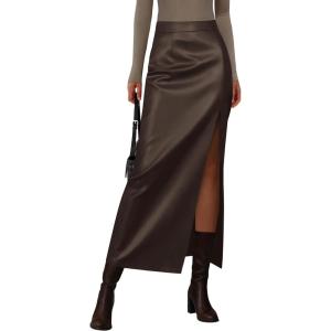 PRETTYGARDEN Womens Faux Leather Skirts 2025 Fall Fashion Bodycon High Waisted Slit Work Office Winter Maxi Long Pencil Skirt(Brown)