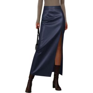 PRETTYGARDEN Womens Faux Leather Skirts 2025 Fall Fashion Bodycon High Waisted Slit Work Office Winter Maxi Long Pencil Skirt(Navy Blue)