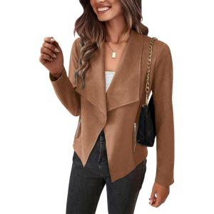 PRETTYGARDEN Women’s Faux Suede Jackets 2026 Fashion Fall Clothes Long Sleeve Open Front Cropped Coat Outwear(Camel)
