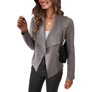 PRETTYGARDEN Women’s Faux Suede Jackets 2026 Fashion Fall Clothes Long Sleeve Open Front Cropped Coat Outwear(Grey)