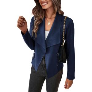 PRETTYGARDEN Women’s Faux Suede Jackets 2026 Fashion Fall Clothes Long Sleeve Open Front Cropped Coat Outwear(Navy)