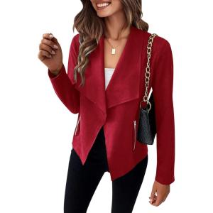 PRETTYGARDEN Women’s Faux Suede Jackets 2026 Fashion Fall Clothes Long Sleeve Open Front Cropped Coat Outwear(Red)