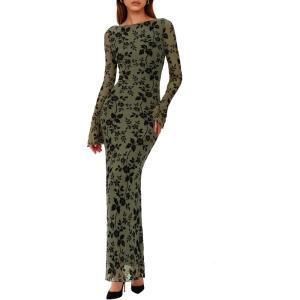 PRETTYGARDEN Women’s Floral Bodycon Maxi Dress 2026 Spring Elegant Mesh Long Sleeve Formal Wedding Guest Cocktail Dresses(Army Green)
