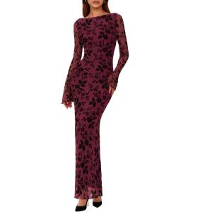 PRETTYGARDEN Women’s Floral Bodycon Maxi Dress 2026 Spring Elegant Mesh Long Sleeve Formal Wedding Guest Cocktail Dresses(Burgundy)