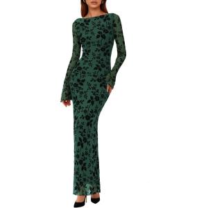 PRETTYGARDEN Women’s Floral Bodycon Maxi Dress 2026 Spring Elegant Mesh Long Sleeve Formal Wedding Guest Cocktail Dresses(Dark Green)