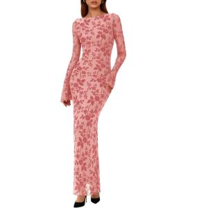 PRETTYGARDEN Women’s Floral Bodycon Maxi Dress 2026 Spring Elegant Mesh Long Sleeve Formal Wedding Guest Cocktail Dresses(Pink)