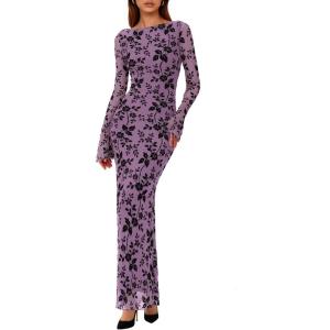 PRETTYGARDEN Women’s Floral Bodycon Maxi Dress 2026 Spring Elegant Mesh Long Sleeve Formal Wedding Guest Cocktail Dresses(Purple)