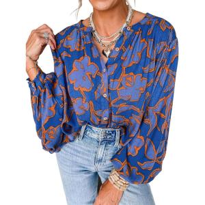 PRETTYGARDEN Women’s Floral Button Down Blouse 2026 Fall Fashion Dressy Casual Long Sleeve Shirts Spring Top Boho Clothes(Blue)
