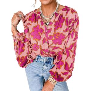PRETTYGARDEN Women’s Floral Button Down Blouse 2026 Fall Fashion Dressy Casual Long Sleeve Shirts Spring Top Boho Clothes(Pink)