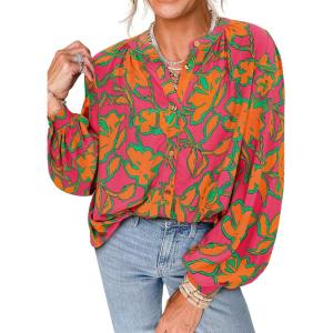 PRETTYGARDEN Women’s Floral Button Down Blouse 2026 Fall Fashion Dressy Casual Long Sleeve Shirts Spring Top Boho Clothes(Rose Red)