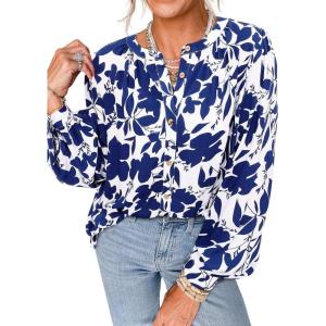 PRETTYGARDEN Women’s Floral Button Down Blouse 2026 Fall Fashion Dressy Casual Long Sleeve Shirts Spring Top Boho Clothes(White Blue Floral)