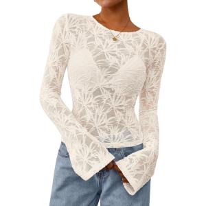 PRETTYGARDEN Womens Lace Long Bell Sleeve Tops 2026 Fall Sexy See Through Sheer Floral Blouse Shirt Spring Going Out Outfits(Beige)