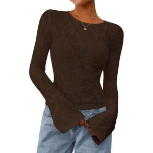 PRETTYGARDEN Womens Lace Long Bell Sleeve Tops 2026 Fall Sexy See Through Sheer Floral Blouse Shirt Spring Going Out Outfits(Brown)