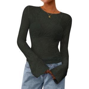 PRETTYGARDEN Womens Lace Long Bell Sleeve Tops 2026 Fall Sexy See Through Sheer Floral Blouse Shirt Spring Going Out Outfits(Dark Green)