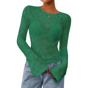 PRETTYGARDEN Womens Lace Long Bell Sleeve Tops 2026 Fall Sexy See Through Sheer Floral Blouse Shirt Spring Going Out Outfits(Green)