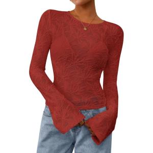PRETTYGARDEN Womens Lace Long Bell Sleeve Tops 2026 Fall Sexy See Through Sheer Floral Blouse Shirt Spring Going Out Outfits(Red)