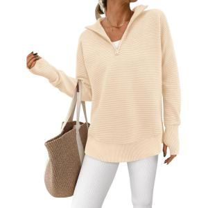 PRETTYGARDEN Womens Long Sleeve Quarter Zip Pullover Sweater Casual Loose V Neck Collared Ribbed Knit Jumper Tops Thumb Hole(Apricot)