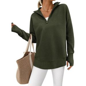 PRETTYGARDEN Womens Long Sleeve Quarter Zip Pullover Sweater Casual Loose V Neck Collared Ribbed Knit Jumper Tops Thumb Hole(Army Green)