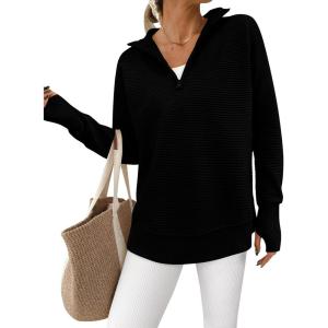 PRETTYGARDEN Womens Long Sleeve Quarter Zip Pullover Sweater Casual Loose V Neck Collared Ribbed Knit Jumper Tops Thumb Hole(Black)
