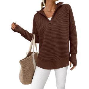 PRETTYGARDEN Womens Long Sleeve Quarter Zip Pullover Sweater Casual Loose V Neck Collared Ribbed Knit Jumper Tops Thumb Hole(Brown)