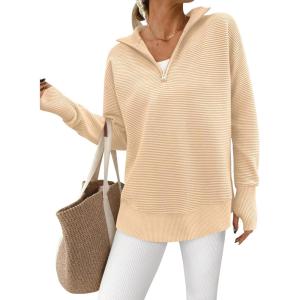 PRETTYGARDEN Womens Long Sleeve Quarter Zip Pullover Sweater Casual Loose V Neck Collared Ribbed Knit Jumper Tops Thumb Hole(Dark Apricot)