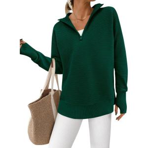 PRETTYGARDEN Womens Long Sleeve Quarter Zip Pullover Sweater Casual Loose V Neck Collared Ribbed Knit Jumper Tops Thumb Hole(Dark Green)