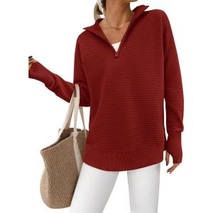 PRETTYGARDEN Womens Long Sleeve Quarter Zip Pullover Sweater Casual Loose V Neck Collared Ribbed Knit Jumper Tops Thumb Hole(Dark Red)