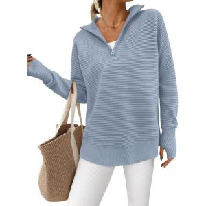 PRETTYGARDEN Womens Long Sleeve Quarter Zip Pullover Sweater Casual Loose V Neck Collared Ribbed Knit Jumper Tops Thumb Hole(Grey)