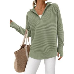 PRETTYGARDEN Womens Long Sleeve Quarter Zip Pullover Sweater Casual Loose V Neck Collared Ribbed Knit Jumper Tops Thumb Hole(Grey Green)