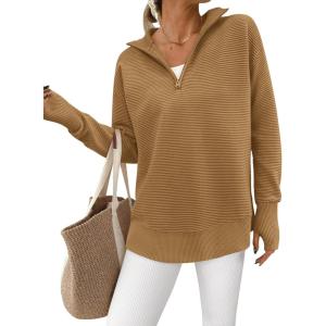 PRETTYGARDEN Womens Long Sleeve Quarter Zip Pullover Sweater Casual Loose V Neck Collared Ribbed Knit Jumper Tops Thumb Hole(Khaki)