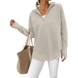 PRETTYGARDEN Womens Long Sleeve Quarter Zip Pullover Sweater Casual Loose V Neck Collared Ribbed Knit Jumper Tops Thumb Hole(Light Grey)