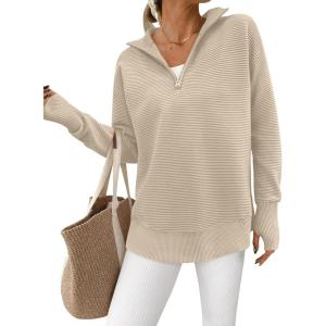 PRETTYGARDEN Womens Long Sleeve Quarter Zip Pullover Sweater Casual Loose V Neck Collared Ribbed Knit Jumper Tops Thumb Hole(Light Khaki)